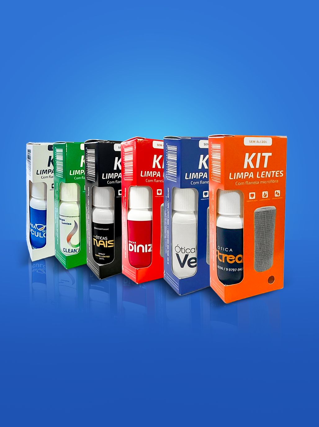 Kit limpa lentes 25ml personalizado (caixa vazada)